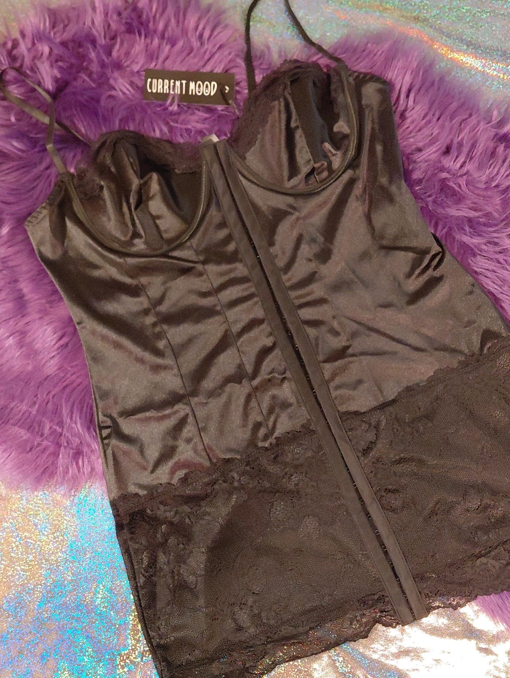 DOLLSKILL Current Mood 1X Black Satin & Lace Slip DRESS Chemise